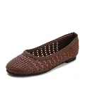 Classic brown woven hollow-out flat shoes for women's breathable casual and office wear - Coffee