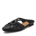 Elegant black braided square toe flat sandals with pleated leather detail for women - 36 / Black