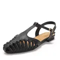 Elegant French vintage black woven T-strap flat sandals with closed toe Roman style - 36 / Black