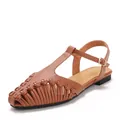 Vintage French brown woven T-strap flat sandals with closed toe design for summer. - 36 / Brown