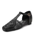 Vintage black woven T-strap sandals with square toe and low wedge heel for women - 36 / Black