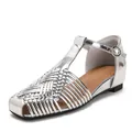 Stylish vintage silver woven T-strap sandals with square toe and buckle closure for women - 36 / Silver
