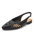 Vintage black pointed-toe woven slingback flat sandals with adjustable gold-tone buckle - 36 / Black