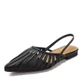 Elegant black pointed-toe hollowed-out slingback flat sandals with striped strap design - 36 / Black