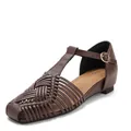 Vintage coffee brown woven leather sandals featuring T-strap buckle and square toe - Coffee