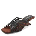 Retro French square toe slides with black thin straps and sculptural brown heel - 35 / Black