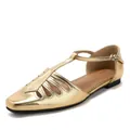 Vintage metallic gold square toe hollow-out flat sandals with T-strap and metal buckle - 36 / Vintage Square Toe Hollow Sandals (H833-1) / Gold