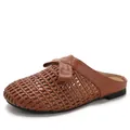 Brown woven closed-toe mules for women featuring a bow detail on white background - 36 / Brown