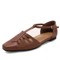Vintage brown square toe hollow-out sandals with T-strap and flat sole. - 36 / Vintage Square Toe Hollow Sandals (H833-1) / Brown