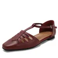 Vintage red square toe hollow-out T-strap flat sandals with adjustable buckle strap for women - 36 / Vintage Square Toe Hollow Sandals (H833-1) / Burgundy