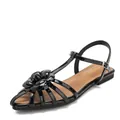 Elegant black camellia flower flat sandals with ankle strap for women - 36 / Black