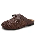 Classic brown woven mules with bow knot and hollow design for breathable summer wear. - 36 / Coffee