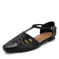 Vintage square toe hollow-out sandals for women with black T-strap and buckle closure - 36 / Vintage Square Toe Hollow Sandals (H833-1) / Black