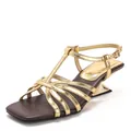 Elegant vintage strappy sandals with square toe and golden sculptural architectural heel - 35 / Gold