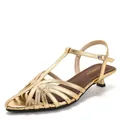 Elegant gold woven kitten heel sandals with pointed toe and adjustable T-strap closure - 35 / Gold