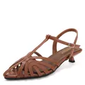 Elegant brown caged kitten heel sandals with pointed toe and buckle ankle strap. - 35 / Brown