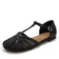Eleganti scarpe piatte vintage in mesh nero con cinturino a T intrecciato e fibbia - 36 / Nero