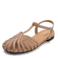 Vintage hollow closed-toe T-strap flat sandals in brown synthetic leather for summer travel - 36 / Apricot
