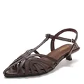 Elegant brown hollowed-out pointed-toe kitten heel sandals with adjustable ankle strap - Coffee