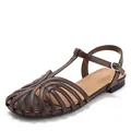 Retro hollowed-out T-strap flat sandals with closed toe and buckle strap in brown - Coffee