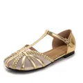 Scarpe basse vintage in mesh con cinturino a T intrecciato in finitura oro lucida - 36 / Oro