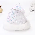 Close-up of white sequin Christmas hat with soft plush trim and colorful sequins - White Reversible Sequin Plush Hat (RM336-2) / 30x40cm / White