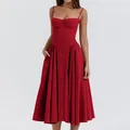 Elegant French vintage red midi dress with spaghetti straps and corset style bodice - S / Dresses / Red