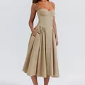 Elegant French vintage khaki spaghetti strap midi dress with corset bodice - S / Dresses / Apricot