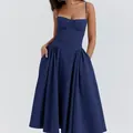 Elegant French retro navy blue spaghetti strap midi dress with corset bodice and pockets - S / Dresses / Dark Blue