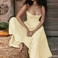 Elegant French vintage spaghetti strap maxi dress in cream yellow with corset bodice - S / Dresses / Yellow