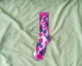 Trendy multi-color tie-dye mid-calf socks with vibrant pink and purple patterns. - One Size / Purple