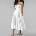 Vestido blanco elegante vintage francés de tirantes con corpiño bustier y falda de vuelo - Blanco