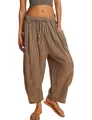 Pantaloni harem a righe in cotone e lino da donna con elastico in vita e tasche - Righe Marrone