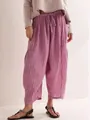 Pantaloni corti a righe in cotone e lino boho con vita elastica e tasche laterali - Righe Rosa