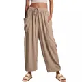 Pantalon large en lin et coton beige pour femme avec taille élastique et poches - S / Bas / Kaki