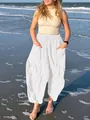 Pantalon femme en coton et lin blanc, jambe large avec poches et taille élastique - S / Bas / Blanc