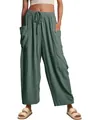 Pantalon large court en coton et lin vert sauge avec taille élastique à cordon et poches - S / Bas / Vert