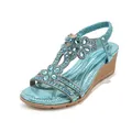 Stylish blue Bohemian wedge sandals for women with sparkling rhinestone flowers - 35 / All Light Blue (C1302-1) / All Light Blue