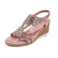 Elegant pink glitter bohemian wedge sandal featuring intricate rhinestone floral patterns - 35 / All Pink (C1302-1)