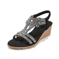Elegant black Bohemian wedge sandals featuring intricate rhinestone floral embellishments - 35 / All Black (C1302-1)