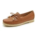 Detailed side view of brown faux leather loafers with bow detail and espadrille sole - 41 / Brown