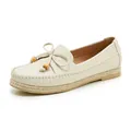 Detailed view of beige pebbled leather loafers with wooden bead bow and jute-wrapped sole - 41 / Apricot