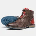 Vue détaillée de bottines Martin vintage en cuir pour hommes avec semelles bleues - 7 / Multicolore Marron Rouge Vintage (KD603)