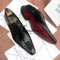 Close-up detail of premium men's black leather oxfords with red sole and embossed pattern - 37 / Black