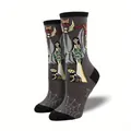 Detailansicht der Halloween-Socken mit Skelett- und schwarzem Katzen-Jacquard-Motiv - Einheitsgröße / Skelett Frau Und Katze