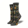 Halloween themed crew socks featuring knitted witch and owl patterns on a grey background - One Size / Grey Owl