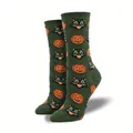 Olive green Halloween jacquard socks featuring festive pumpkin and black cat patterns - One Size / Green Cat Pumpkin