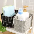 Cotton linen grid storage baskets with handles for desktop and closet organization - Black Tree