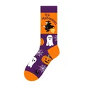 Halloween themed purple crew socks featuring witch and pumpkin jacquard pattern design - One Size (37-46) / Witch Style (KJ-043)
