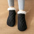 Cozy thick fleece-lined cable knit indoor floor slipper socks in black for winter - One Size / Black (Men's)